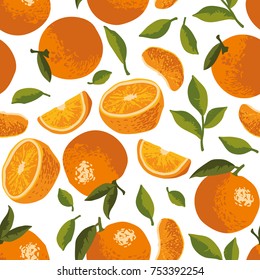 Vector summer pattern with oranges, flowers and leaves. Seamless texture design.