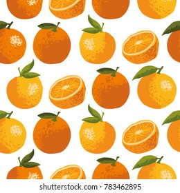 Vector summer pattern with oranges, flowers and leaves. Seamless texture design.