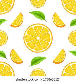 Vector summer pattern with oranges and leaves. Seamless texture design. Juicy orange with slice and leaves. Fresh citrus fruits whole and halves isolated vector illustratio