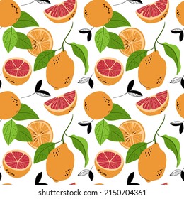 Vector summer pattern with oranges and leaves. Seamless texture design.