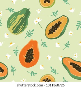 Vector summer pattern with papaya, leaves and flowers. Seamless texture design.