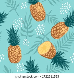 Vector summer pattern with pineapples and tropical leaves. Seamless texture design.