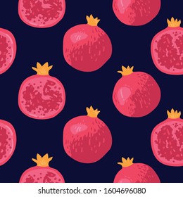 Vector summer pattern with pomegranates, flowers and leaves. Seamless texture design.