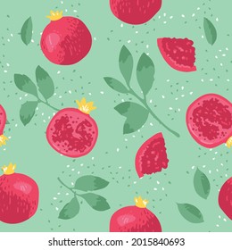 Vector summer pattern with pomegranates, flowers and leaves. Seamless texture design.