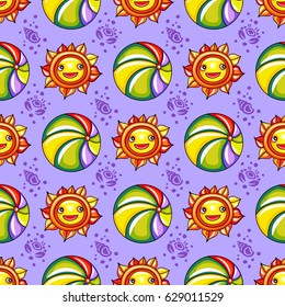 Vector summer pattern. Seamless texture with hand drawn doodle vacation objects:  cute little sun with smiling face and colorful beach ball, ocean waves, silhouette of seashells and crabs. 