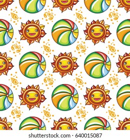Vector summer pattern. Seamless texture with hand drawn doodle vacation objects:  cute little sun with smiling face and colorful beach ball, ocean waves, silhouette of seashells and crabs