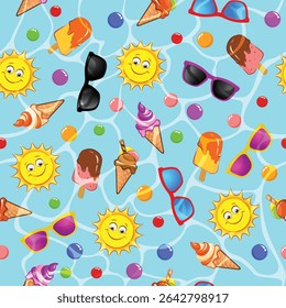 Vector Summer Pattern with  Sun  Glasses  and Ice Cream Clipart.