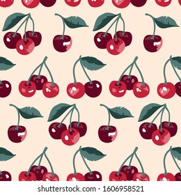 Vector summer pattern with sweet cherries, flowers and leaves. Seamless texture design.