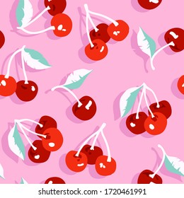 Vector summer pattern with sweet cherries and leaves. Seamless texture design.