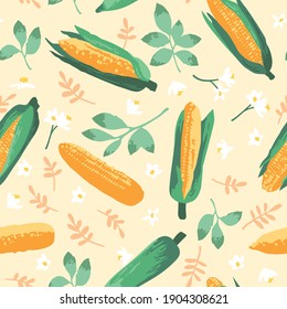 Vector summer pattern with sweet corns, flowers and leaves. Seamless texture design.