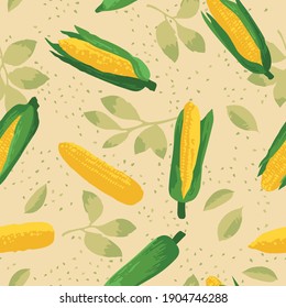 Vector summer pattern with sweet corns, flowers and leaves. Seamless texture design.