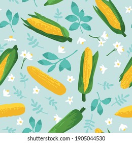 Vector summer pattern with sweet corns, flowers and leaves. Seamless texture design.