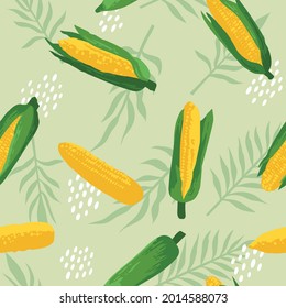 Vector summer pattern with sweet corns, flowers and leaves. Seamless texture design.