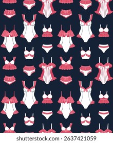 Vector summer pattern with vintage pink and white swimsuits on dark background for fabric prints, wallpaper. Texture with ruffled swimwear in pin up cartoon style