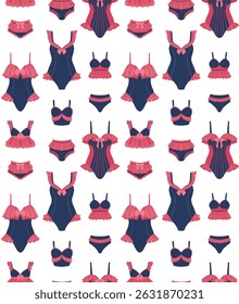 Vector summer pattern with vintage swimsuits in row for fabric prints, wallpaper. Texture with summerwear in pin up cartoon style