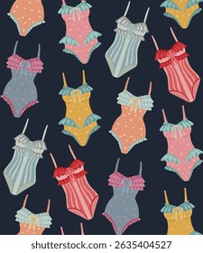 Vector summer pattern with vintage swimsuits on dark background for fabric prints, kids room decoration, notebooks. Texture with summerwears in pastel palette cartoon flat design.
