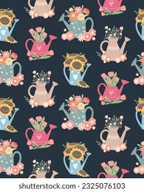 Vector summer pattern with watering cans and bouquets of flowers on a dark background. Horticultural texture with floral arrangements in original vases. Background for wrapping paper and tablecloth