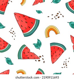 Vector summer pattern with watermelon and rainbow