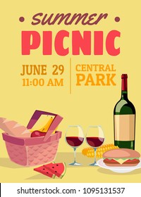 Vector summer picnic illustration. Cartoon style. Basket with food. Bottle of wine and glasses. Party invitation.