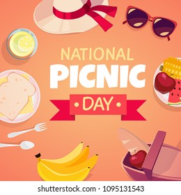 Vector summer picnic illustration. Cartoon style. Basket with food. Party invitation.