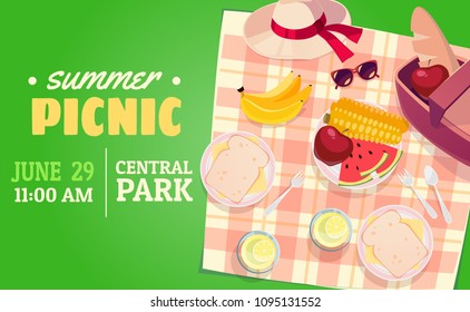 Vector Summer Picnic Illustration. Cartoon Style. Basket With Food. Lay Down. Party Invitation.