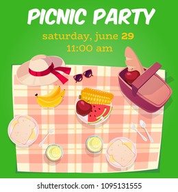 Vector summer picnic illustration. Cartoon style. Basket with food. Lay down. Party invitation.