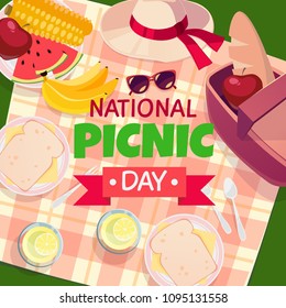 Vector summer picnic illustration. Cartoon style. Basket with food. Lay down. Party invitation.