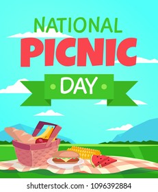 Vector summer picnic illustration. Cartoon style. Basket with food. Field and sky landscape. Party invitation.