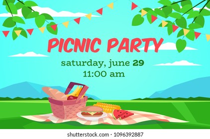 Vector Summer Picnic Illustration. Cartoon Style. Basket With Food. Field And Sky Landscape. Party Invitation.