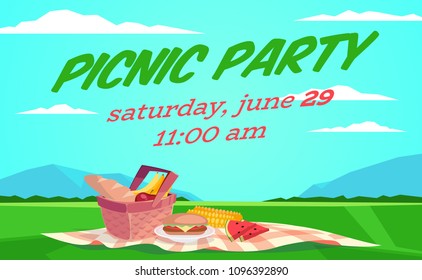 Vector summer picnic illustration. Cartoon style. Basket with food. Field and sky landscape. Party invitation.