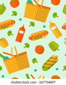 Vector summer picnic pattern. Colorful seamless pattern on light background. Vegetable, food background. Spring barbecue party items. Kitchen pattern.