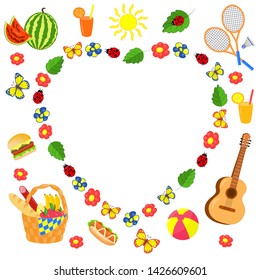 Vector summer picnic set: food basket, fruit, guitar, badminton, ball - in heart of flowers and butterflies on white background
