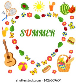 Vector summer picnic set: food basket, fruit, guitar, badminton, ball - in heart of flowers and butterflies on white background