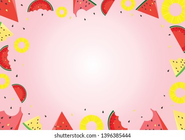 Vector summer pink background with juicy ripe watermelon and pineapple slices. Flat icon slices of watermelon and pineapple. Healthy food illustration.