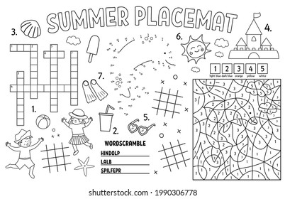 Placa de verano vectorial para los niños. Vacaciones en la playa material de actividad imprimible con crucigrama, gráficos de tac tic, color por número. Mat de juego en blanco y negro o página de coloración con niños, helado
