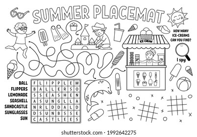 Vector summer placemat for kids. Beach holidays printable activity mat with wordsearch, tic tac toe charts, maze. Black and white play mat or coloring page with cute children, ice-cream, sandcastle