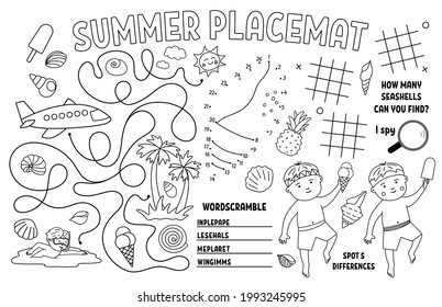 Placa de verano vectorial para los niños. Las vacaciones en la playa se imprimen la actividad con la búsqueda de diferencias, punto a punto, laberinto. Mat de juego en blanco y negro o página de coloración con niños lindos, helados, conchas