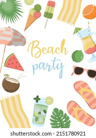 Vector summer pool party invitation card design template with cocktails, beach towel, sunglasses and etc. Isolated on white background. Holiday illustration for banner, flyer, invitation, poster.