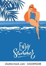 Vector summer pool party poster with young sexy woman drinking cocktail. Enjoy summer poster with cute lady. Love and feel summer card. 