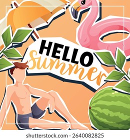 Vector summer post with boy under umbrella, inflatable flamingo, and watermelon. Perfect for beach content, youth visual, or seasonal story.
