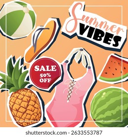 Vector summer post with summer vibes text, swimsuit, pineapple, and discount. Great for seasonal promotion, fashion content, or vacation story.
