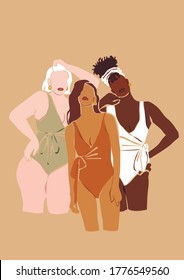 Vector summer poster with abstract women in swimsuits on the beige isolated background. Trendy abstract illustration.