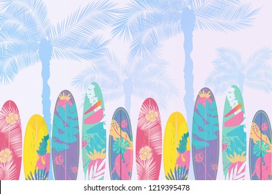 Vector  Summer poster background concept.  Flat horizontal banner. Wind surfing boards. Palm trees. Gradient background. Vector illustration