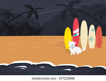 Vector Summer poster background.  Flat horizontal banner. Wind surfing boards and dog. Vector illustration