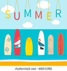 Vector Summer poster background. Sea, wind surfing boards, clouds. Vector illustration