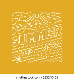 Vector summer poster and banner design in trendy linear style - lettering and icons