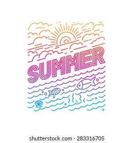 Vector summer poster and banner design in trendy linear style - lettering and icons