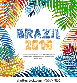 Vektorsommerposter, Banner oder Einladungskarte mit farbigen Kokosnusspalmenblättern auf weißem Hintergrund. Brasilien 2016 handgezeichnete skizzierte kratzige Schrift. 