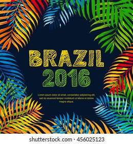 Vector summer poster, banner or invitation card with color coconut palm leaves on black background. Brazil 2016 hand drawn sketched scratched lettering. 