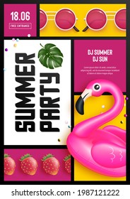 Afiche o pancarta de verano vectorial con anillo de natación realista, gafas de sol y hoja tropical sobre fondo amarillo